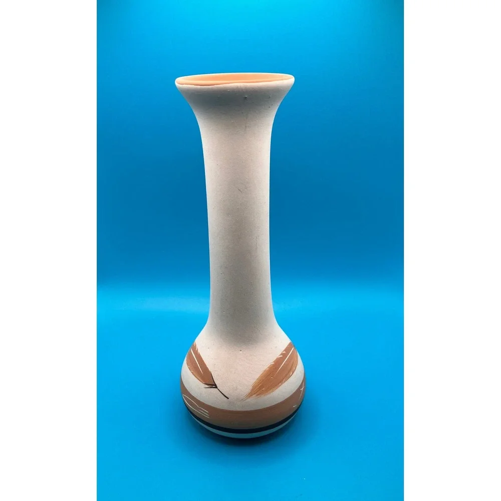Buck Skin Pottery Bud Vase Small Cream Hand Painted Feather Terracotta 1995